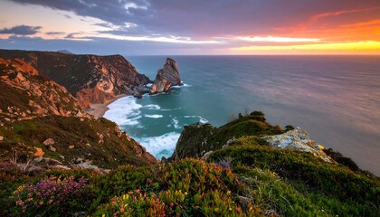Spectacular Sunset Over Cabo da Roca Portugal Coastline.