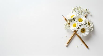 Minimalist flat lay with white flowers, baby’s breath, and golden pencils on light background
