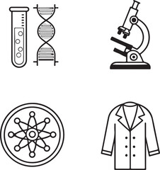 Black and White Science Icons – Test Tube, DNA, Microscope, Atomic Model, and Lab Coat Illustration