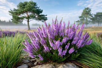 Obraz premium Blooming heather flowers covering the field in a foggy morning landscape