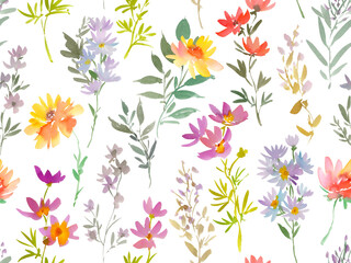 Watercolor Seamless Floral Pattern with Abstract Hand-painted wild flowers. Autumn Floral textile design for fabric and stationary. Botanical wallpaper on a transparent background.