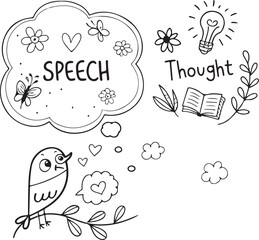 Hand-Drawn Speech and Thought Bubbles with Bird and Nature Doodles – Creative Communication Concept