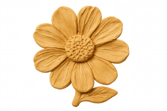 Golden clay flower revealing intricate petals, textured center, highlighting artisan craftsmanship against transparent backdrop