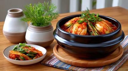 Kimchi garnished with spring onions in a black bowl is waiting on a wooden table