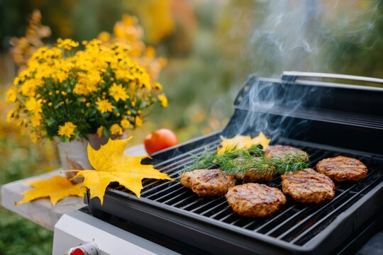Delicious meat cutlets grilling on barbecue grill during autumn picnic