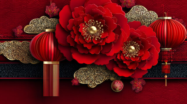 Happy Chinese New Year banner. Happy New Year in Chinese word. Festive card with red lanterns, golden flowers and red clouds in paper art style on traditional pattern. - Powered by Adobe
