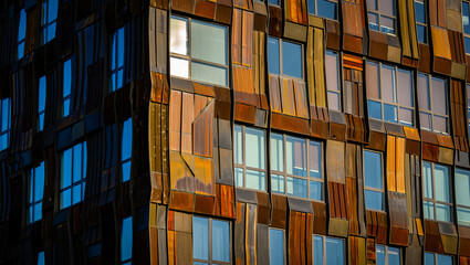 Contemporary apartment facade with colorful metal cladding
