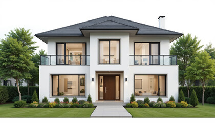 Modern two-story house with sleek lines, large windows, metal roof, and landscaped yard—blending contemporary design with natural elegance. AI generated.
