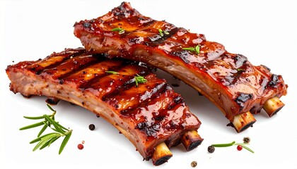 Two racks of grilled pork ribs glazed with reddish-brown barbecue sauce—charred exterior, juicy texture, visible grill marks, garnished with fresh rosemary; isolated on white background.