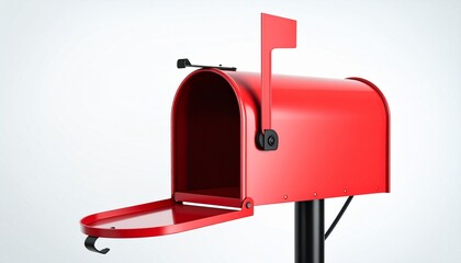 Red mailbox with raised flag mounted on black post—door open revealing mail inside; minimal light background emphasizing active postal use and residential communication.