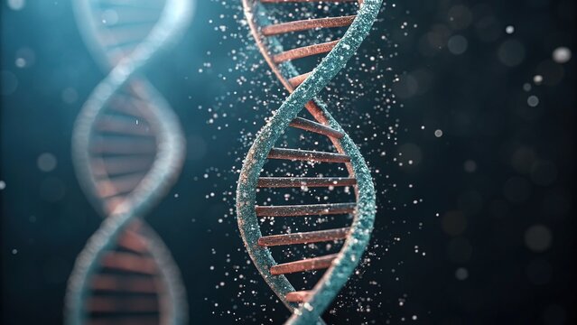 Dynamic DNA double helix structure with glowing particles, science and medical concept - Powered by Adobe