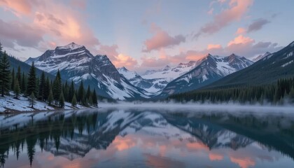 Calm lake reflects mountains and trees under a pastel sky at dawn with fog rising from the water.