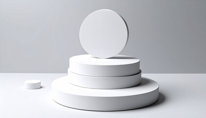 Four white cylindrical podiums of varying heights and diameters arranged in staggered formation on flat surface—soft lighting, subtle shadows, minimal and geometric composition.