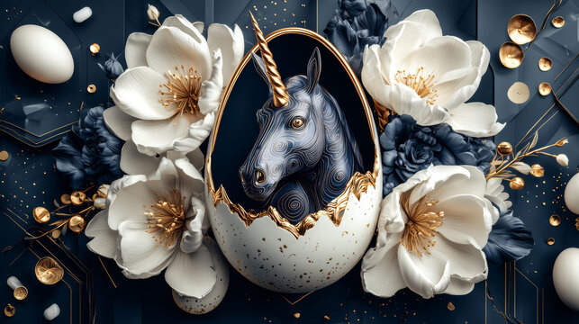 Happy Easter holiday flyer. Cute unicorn from egg with gold horn, white eggs, color flowers and gold confetti. Vector illustration with 3d decorative objects for Easter design. Greeting card.