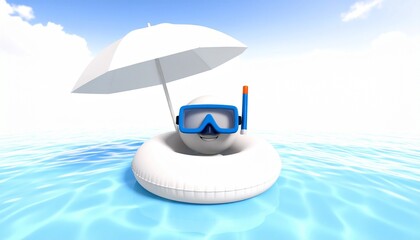 Cartoon-style white spherical character in blue snorkeling gear, relaxing in a white inflatable ring under a beach umbrella, floating on calm blue water beneath a sunny sky.