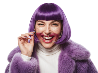 Glamorous woman with purple hair and heart-shaped sunglasses posing in fur coat