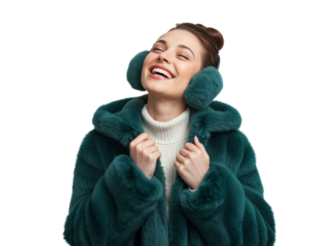 Radiant smile of a woman in a luxurious faux fur coat and cozy earmuffs isolated against