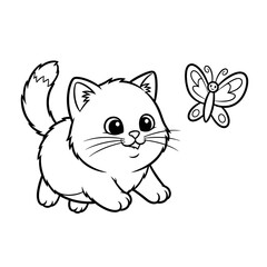 Fluffy kitten chasing butterfly line art, adorable kids coloring page.