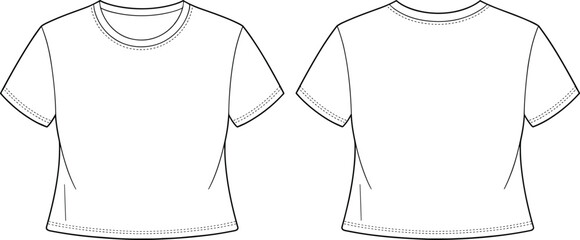 Cropped t-shirt vector template, front and back view, fashion flat sketch, short sleeve mockup, apparel design outline, casual wear illustration