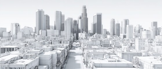 A detailed black and white cityscape skyline view featu tall skyscrapers, urban streets, and modern architecture