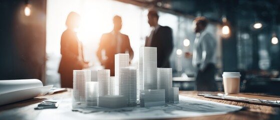 Modern urban architectural tower model in office with people discussing new city development project
