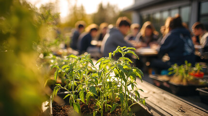 Students engage in outdoor gardening activity during a sunny afternoon at the community center in spring