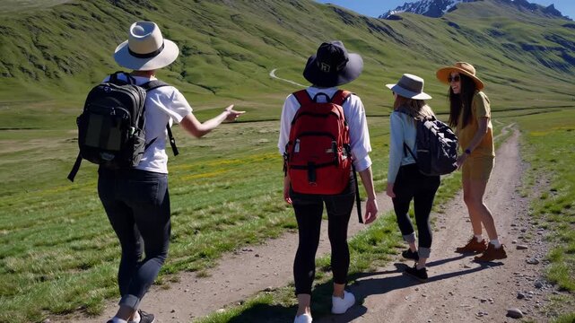 Tourists hiking mountain trail, wearing backpacks and sun hats, pointing toward scenic viewpoint and sharing travel experience