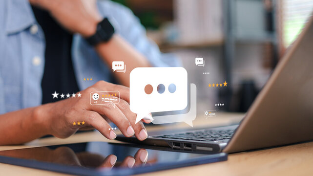 Concept of customer feedback, floating chat bubbles and star ratings. online reviews, satisfaction surveys, and digital user experience.