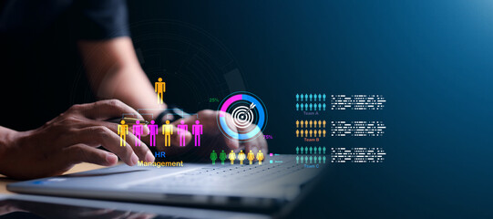 HR management interface, employee structure chart, and team analytics dashboard. Concept of...