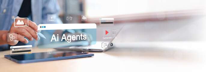 Business person using tablet with virtual AI agents interface overlay. Concept of artificial intelligence, automation, machine learning, chatbot, and digital transformation.
