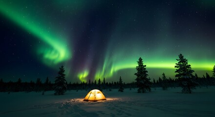 Aurora borealis over snowy forest with tent