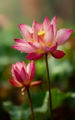 Fototapeta premium Minimalistic Beautiful Lotus in Full Bloom with Water Reflection, Soft Warm Morning Light, Raining Day, Bright Bokeh Background, Ample Negative Space for Text or Branding, Peaceful and Natural Composi