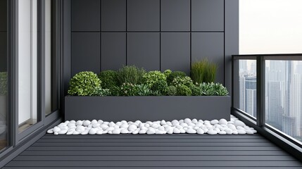 Modern balcony garden with greenery and decorative stones for urban living spaces