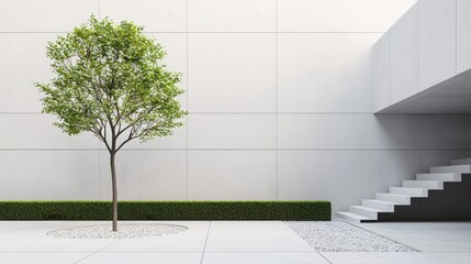 Modern minimalist courtyard with green tree and sleek architectural features