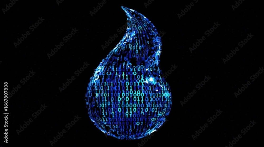Fototapete digital water drop icon in blue with binary code texture for technology and cybersecurity themes