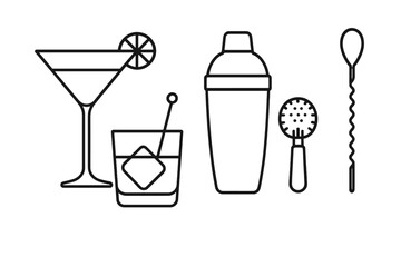 Cocktail and bar tools outline icons set. Linear mixology and bartender essentials. Vector illustration with shaker, strainer, glass, and spoon for drinks and party concepts.