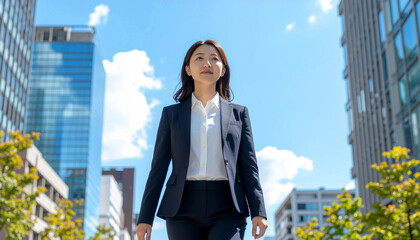 高層ビルが立ち並ぶオフィス街を歩く日本のビジネスウーマン　generative ai