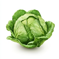 Fototapeta premium A fresh head of green cabbage with tightly packed leaves, isolated on white background color, photorealistic accuracy, good composition, high resolution