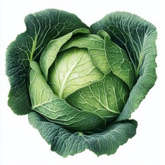 Obraz premium A fresh head of green cabbage with tightly packed leaves, isolated on white background color, photorealistic accuracy, good composition, high resolution