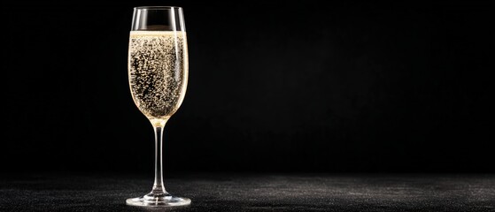 Elegant tall champagne glass filled with sparkling wine or bubbly beverage on black background