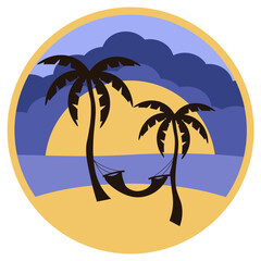 Summer art. Vector illustration of Summer paradise with palm tree hammock on the beach. Summer circle art isolated transparent ready for t-shirt and hoodies print. EPS 10