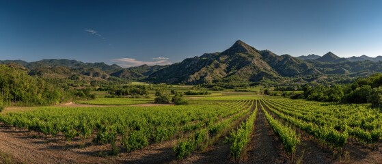 Wide scenic view of lush vineyards on rolling farm land with mountains in the background on a clear sunny day