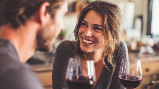 Happy young woman enjoying conversation with partner in cozy bar setting with glasses of red wine