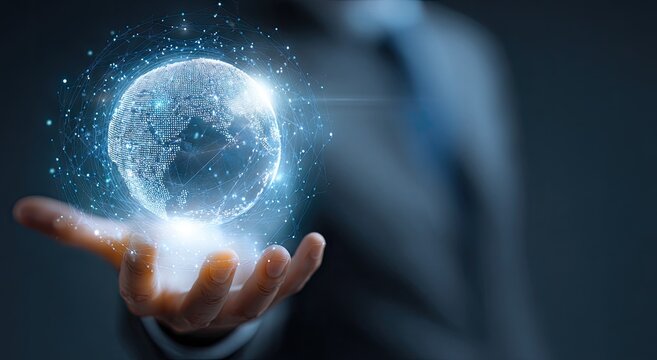 A person in a suit gently cradles a glowing, translucent digital globe in their open palm, showcasing interconnected lines representing global networks and data streams