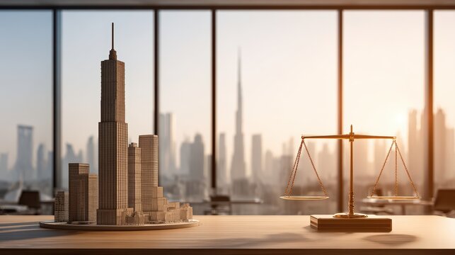 Modern cityscape skyline with skyscrapers and scale model of a balanced scale on a table in a bright office - Powered by Adobe