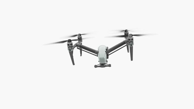 3D animation of flying drone moving in different directions on white background with alpha channel
