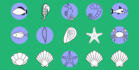 Fish and marine animals icons or minimalist line drawn illustration.
