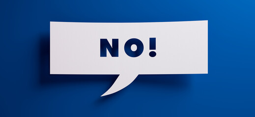 White speech bubble with the word no in front of a blue colored wall - 3D illustration