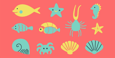 Fish and marine animals icons or minimalist line drawn illustration.
