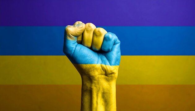 Uprising fist power painted in Ukrainian flag colors expressing strength